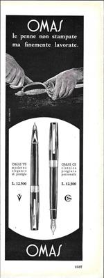 Omas. Le penne non stampate ma finemente lavorate. Advertising 1964