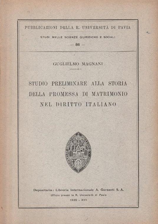 Studio preliminare alla storia della promessa di matrimonio nel diritto italiano - copertina