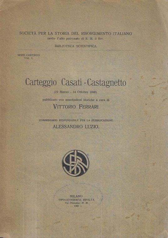 Carteggio Casati - Castagnetto (19 marzo - 14 ottobre 1848) - copertina