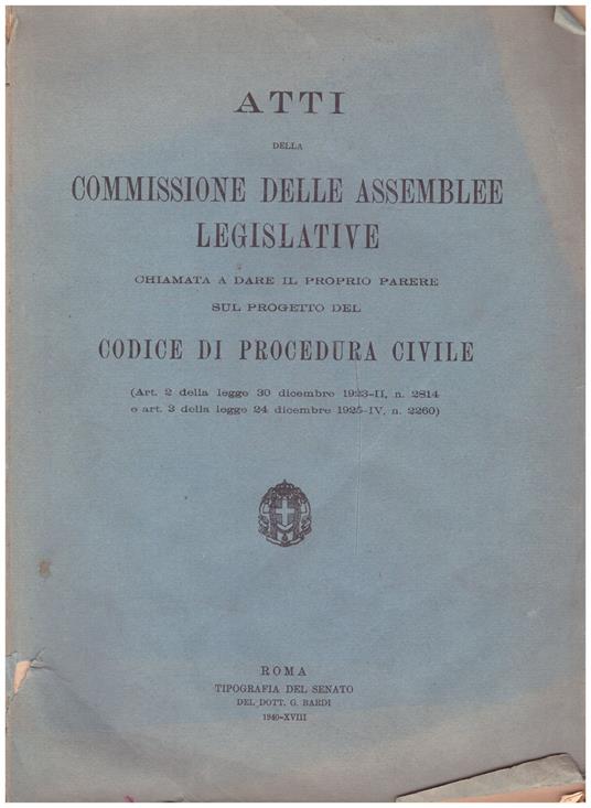 Atti della Commissione delle Assemblee Legislative chiamata a dare il proprio parere sul progetto del Codice di Procedura Civile - copertina