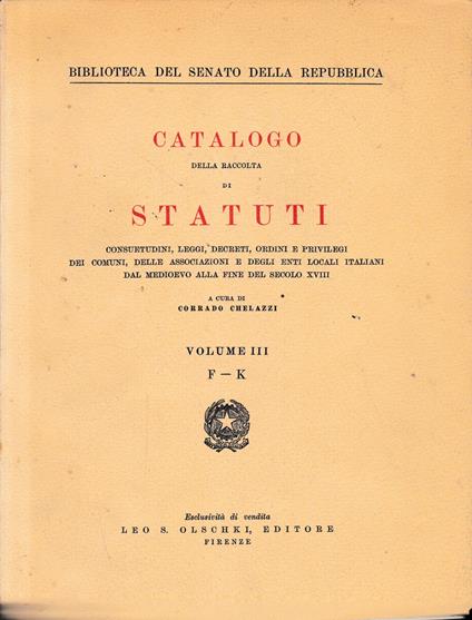 Catalogo della raccolta di statuti, volume 3° F-K - copertina