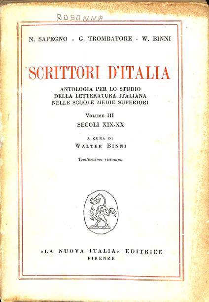 Scrittori d'Italia volume III : secoli XIX-XX - Natalino Sapegno - copertina