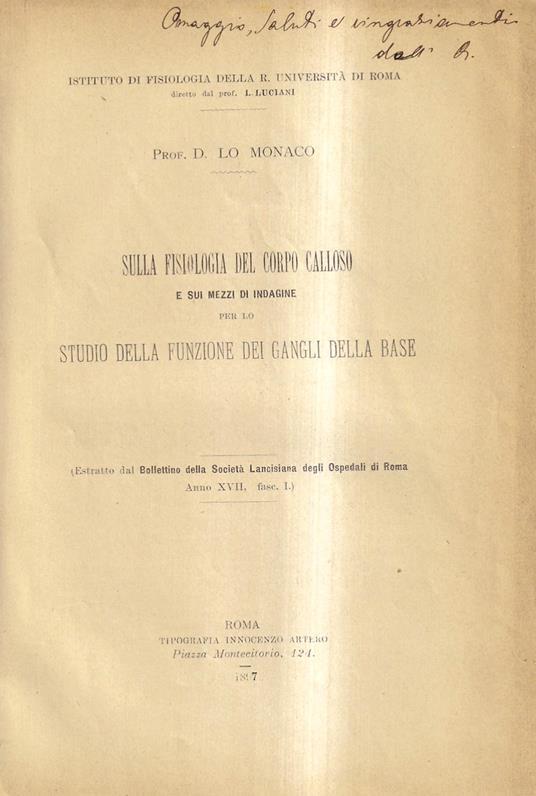 Sulla fisiologia del corpo calloso e sui Mezzi di indagine per lo studio della funzione dei gangli della base. Nota preventiva - copertina