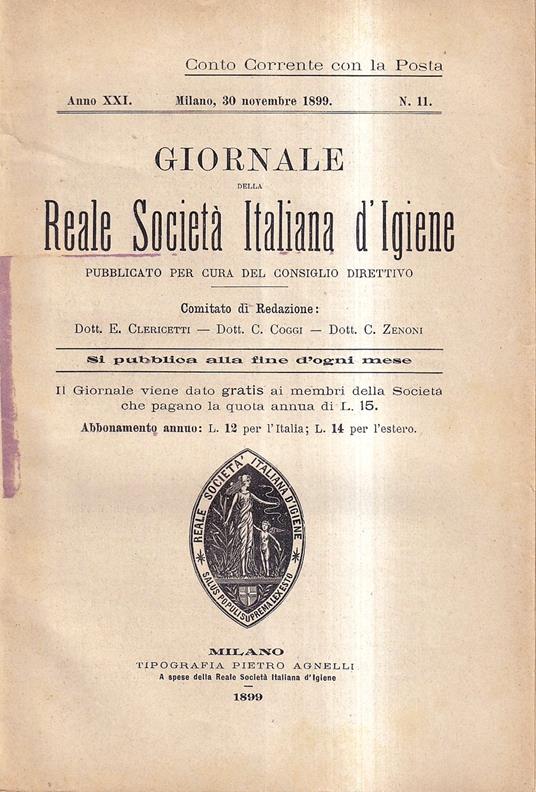 Giornale della Reale Società Italiana d'Igiene - Anno XXI, n. 11 - Milano, 30 novembre 1899 - copertina