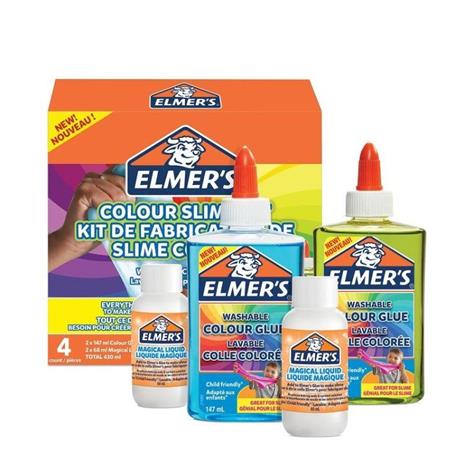 Elmer's SLIME KIT. 2 Flaconi di colla liquida colori VERDE, BLU TRANSLUCIDI da 147 ml + 2 Flaconi di MAGICAL LIQUID da 68 ml - 3