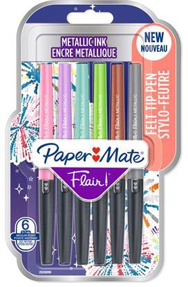 Paper Mate Flair, penne con punta in feltro, colori metallici, Colori assortiti, a punta media (0,7 mm) 6 pezzi