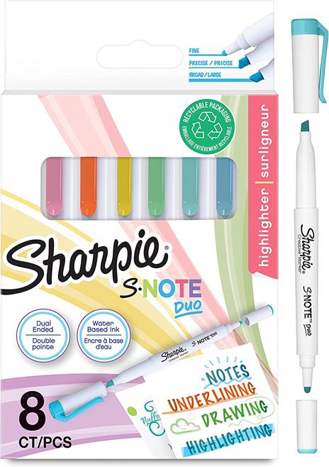 SHARPIE S-NOTE Doppia Punta, a scalpello e punta fine, blx8 colori assortiti