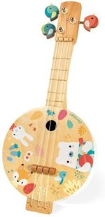 Janod, Banjo Pure, in Legno, con Graziose Illustrazioni Stampate, Vernice Ad Acqua, Meccaniche a Forma di Uccellino, Gioco Imitativo, 3 Corde di Ricambio, Banjo per Bambini da 3 a 8 Anni, J05160