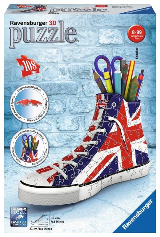 Ravensburger - 3D Puzzle Portapenne Sneaker Union Jack Edition, 108 Pezzi, 8+ Anni - 2