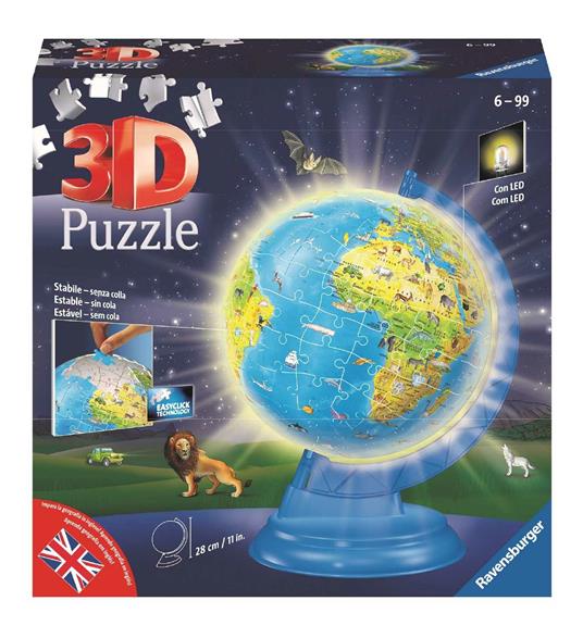 Ravensburger - 3D Puzzle Globo Night Edition con Luce, Impara la Geografia in Inglese, 180 Pezzi, 6+ Anni