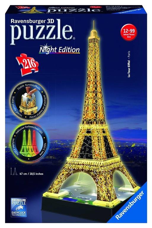 Ravensburger - 3D Puzzle Tour Eiffel Night Edition con Luce, Parigi, 216 Pezzi, 10+ Anni