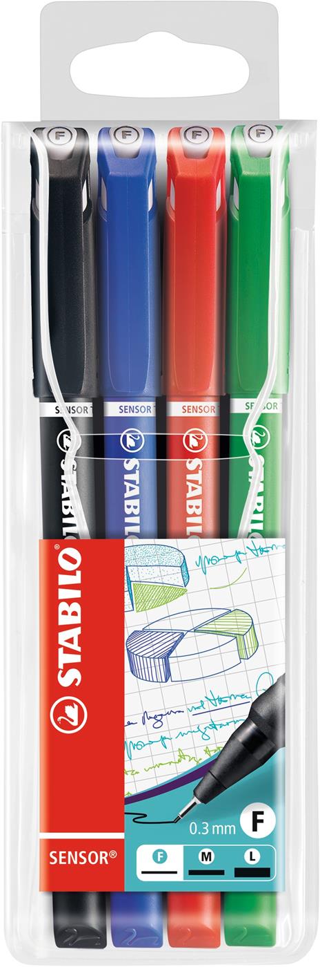 Fineliner con punta ammortizzata - STABILO SENSOR F - Tratto Fine (0,3 mm) - Astuccio da 4 - Nero/Blu/Rosso/Verde