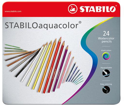 Matita colorata acquarellabile - STABILOaquacolor - Scatola in Metallo da 24 - Colori assortiti - 46