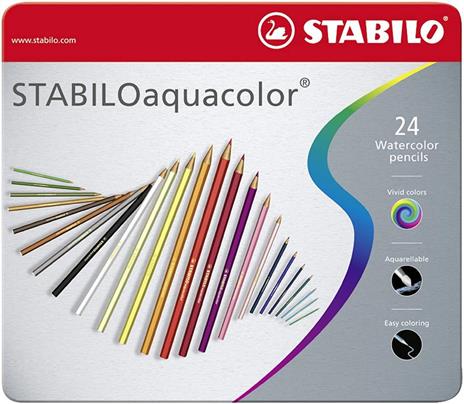 Matita colorata acquarellabile - STABILOaquacolor - Scatola in Metallo da 24 - Colori assortiti - 17