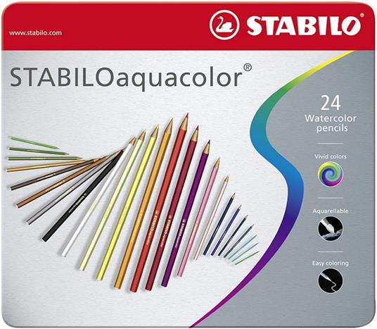 Matita colorata acquarellabile - STABILOaquacolor - Scatola in Metallo da 24 - Colori assortiti - 84