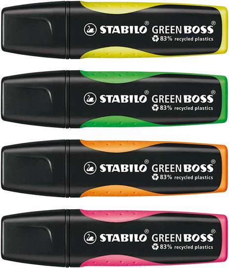 Evidenziatore Ecosostenibile - STABILO GREEN BOSS - 83% Plastica Riciclata - Astuccio da 4 - Colori assortiti - 3