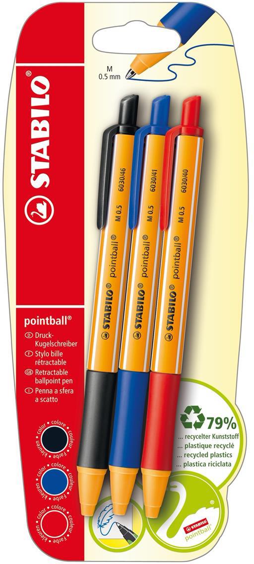 Penna a sfera Ecosostenibile - STABILO pointball - CO2 neutral - Pack da 3 - Nero/Blu/Rosso