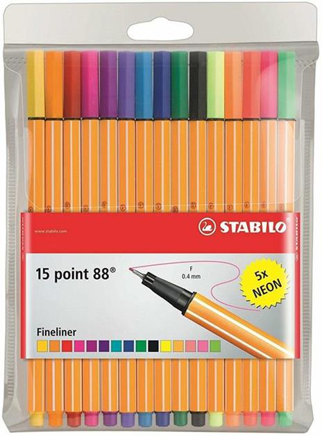 Fineliner - STABILO point 88 - Astuccio da 15 (10 + 5 NEON) - Colori assortiti