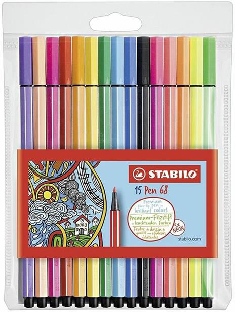 Pennarello Premium - STABILO Pen 68 - Astuccio da 15 (10 base + 5 Neon) - Colori assortiti