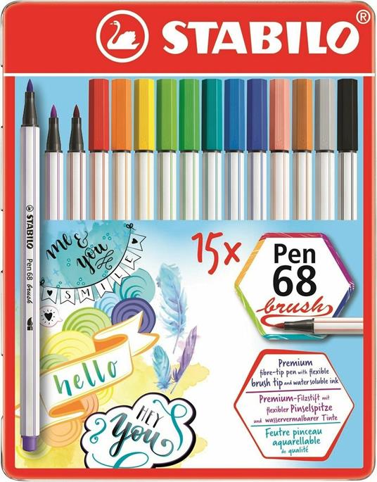 Pennarello Premium con punta a pennello - STABILO Pen 68 brush - Scatola in  metallo da 15 - con 15 colori assortiti - STABILO - Cartoleria e scuola |  Feltrinelli
