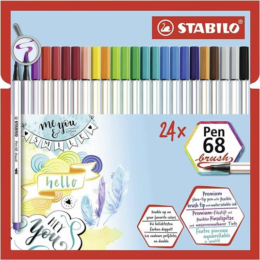 Pennarello Premium con punta a pennello - STABILO Pen 68 brush - Astuccio da 24 - con 19 colori assortiti