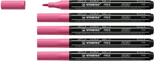 Marker acrilico - STABILO FREE Acrylic - T100 Punta rotonda 1-2mm - Confezione da 5 - Rosa