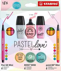 Cartoleria Set Creativo - STABILO Pastellove Set - Pack da 18 - 6 Fineliner Mini, 6 pennarelli premium Mini, 6 evidenziatori Mini STABILO