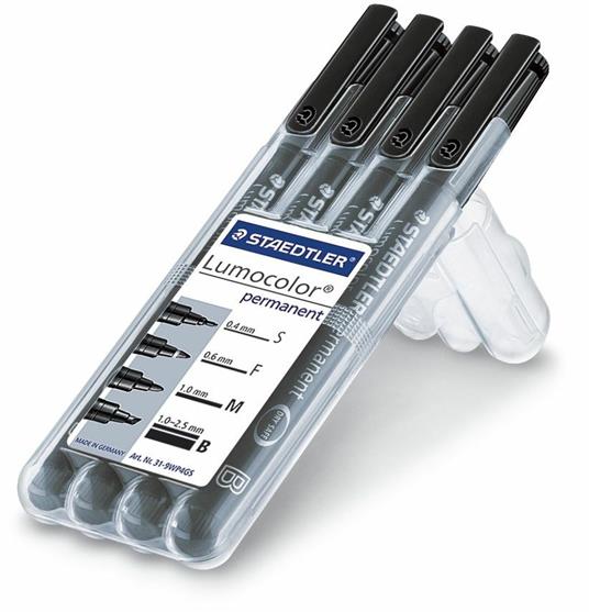 Pennarelli fineliner Staedtler Lumocolor permanent. Staedtler Box con 4 pennarelli a tratti assortiti