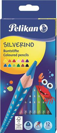 Matite colorate Pelikan triangolari ergonomiche per bambini. Confezione da 12 colori serie Silverino. Diametro 3 mm