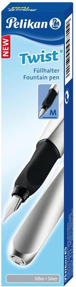 Penna stilografica Pelikan Twist ricaricabile per destrimani e mancini, impugnatura ergonomica triangolare Argento-Nero