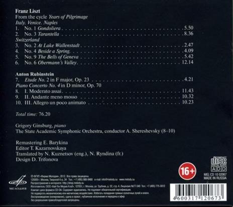 Grigory Ginsburg Plays Liszt and Rubinstein - CD Audio di Franz Liszt,Anton Rubinstein - 2