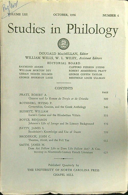 Studies in philology n.4 october 1956 - copertina