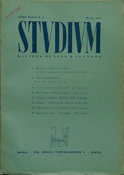 Studium n.3 marzo 1947 - copertina