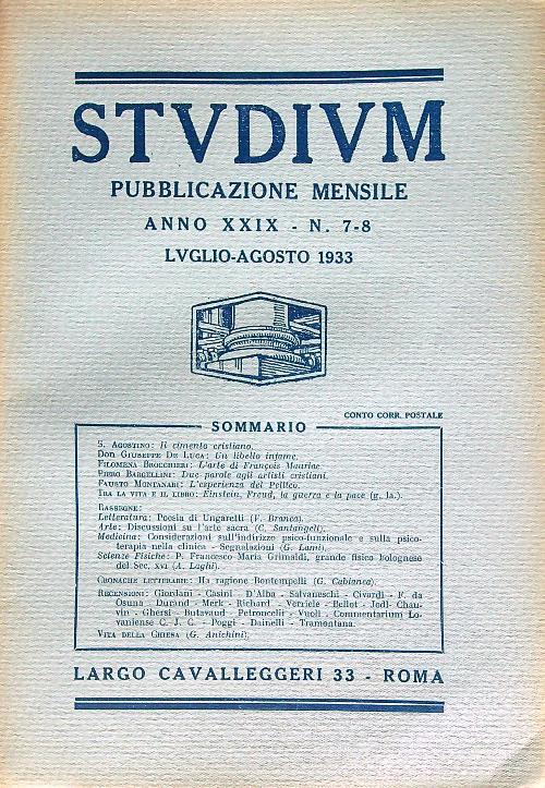 Studium Anno XXIX - N. 7-8 Luglio-Agosto 1933 - copertina