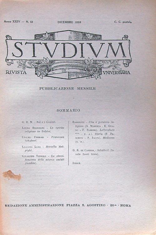 Studium. Anno XXIV n. 12/ dicembre 1928 - copertina