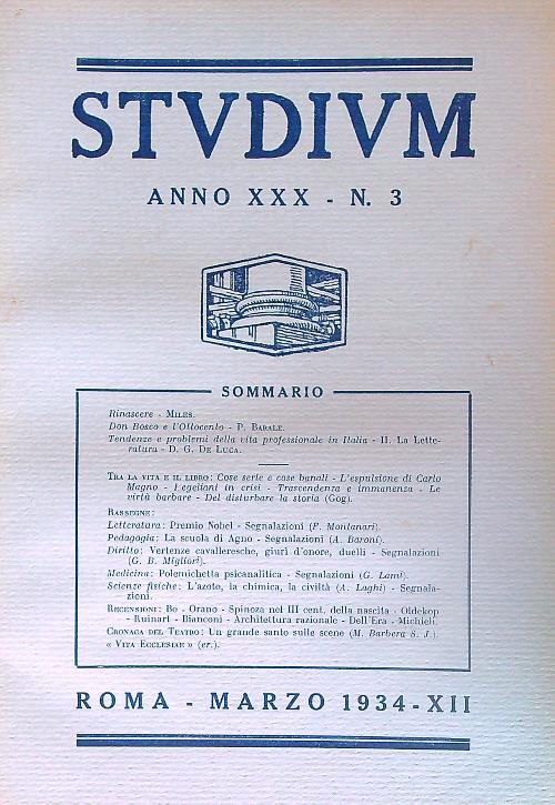 Studium. Anno XXX - n. 3/ Marzo 1934 - copertina