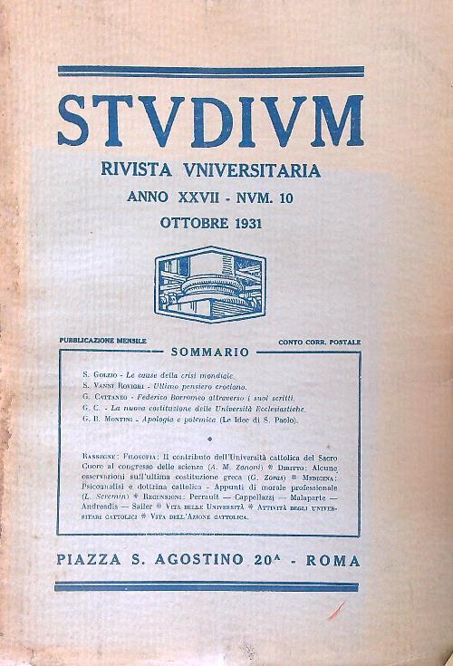 Studium Anno XXVII - n. 10/ Ottobre 1931 - copertina