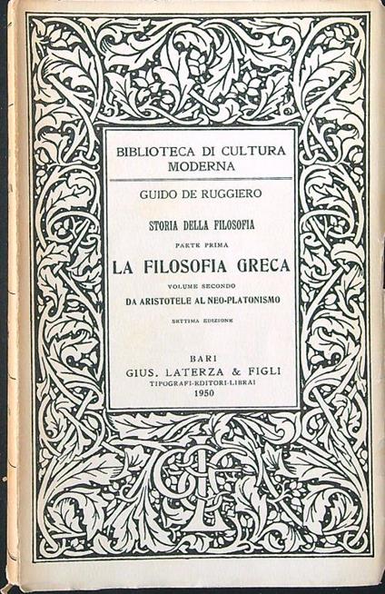 La filosofia greca volume secondo - Guido De Ruggiero - copertina