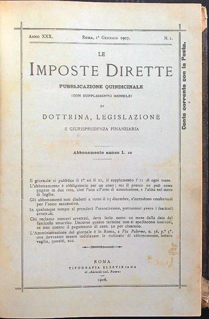 Le imposte dirette anno XXX numeri 1-24 1907 - Raffaele Sera - copertina