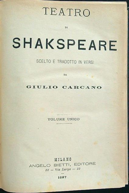 Teatro di Shakespeare - Giulio Carcano - copertina