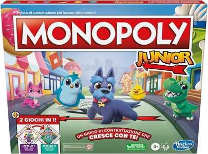 Giocattolo Monopoly Junior gioco da tavolo, tabellone fronte-retro, 2 giochi in 1, gioco Monopoly per bambini e bambine più piccoli Hasbro