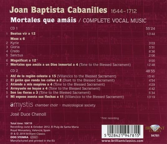 Mortales que amáis. Musica vocale completa - CD Audio di Joan Cabanilles - 2