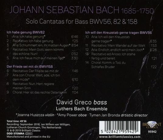 Cantate per basso BWV56, BWV82, BWV158 - CD Audio di Johann Sebastian Bach,David Greco - 2