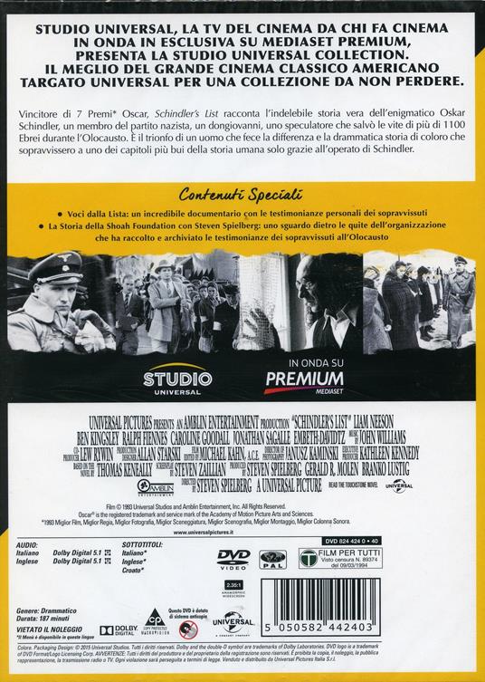 Schindler's List (2 DVD) di Steven Spielberg - DVD - 2
