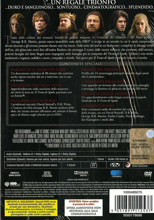 Il trono di spade. Game of Thrones. Stagione 1. Serie TV ita (5 DVD) - DVD  - Film di Timothy Van Patten , Brian Kirk Fantastico | laFeltrinelli
