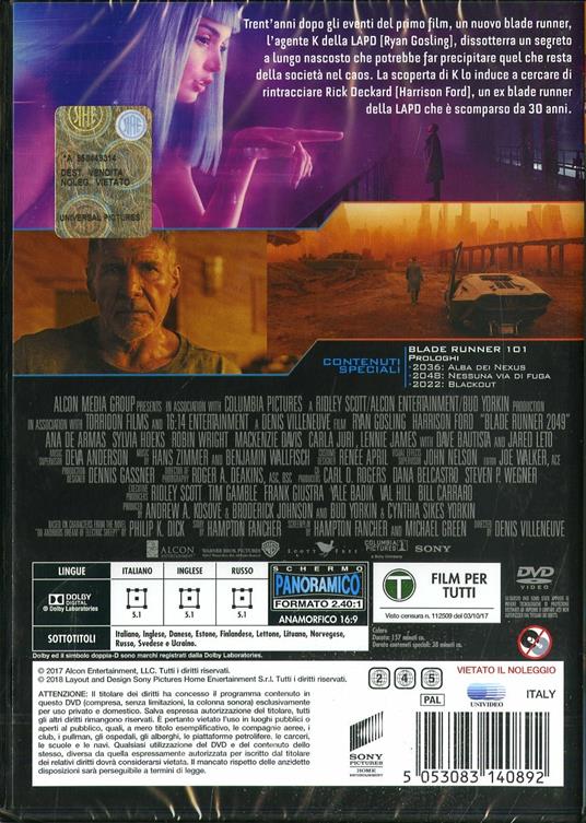 Blade Runner 2049 (DVD) di Denis Villeneuve - DVD - 2