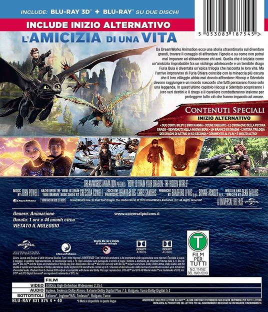 Dragon Trainer 3. Il mondo nascosto  How to Train Your Dragon: The Hidden World (Blu-ray + Blu-ray 3D) di Dean DeBlois - Blu-ray + Blu-ray 3D - 2