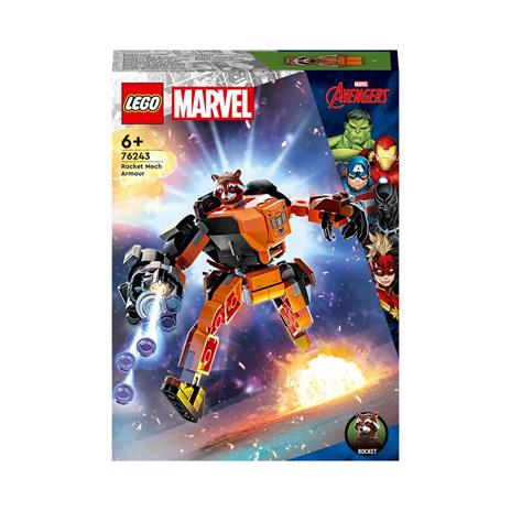 LEGO Marvel 76243 Armatura Mech Rocket, Action Figure Supereroe Guardiani della Galassia, Idea Regalo Avengers per Bambini