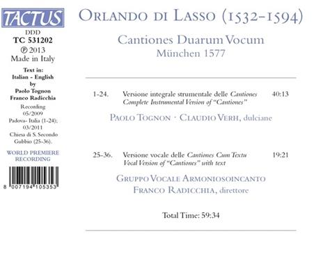 Cantiones Duarum Vocum - CD Audio di Orlando Di Lasso - 2