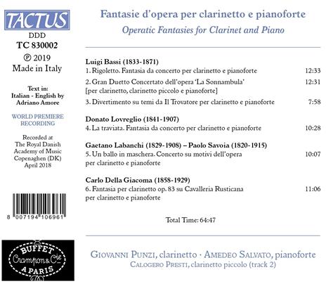 Fantasie d'opera per clarinetto e pianoforte - CD Audio di Giovanni Punzi,Amedeo Salvato - 2